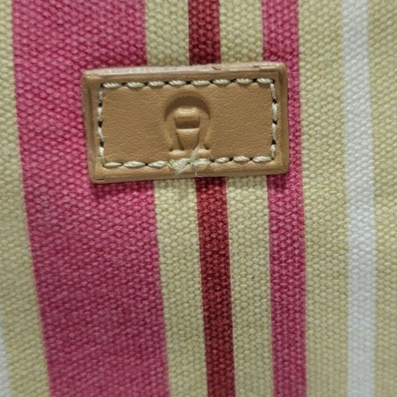 Etienne Aigner Pink and Cream Striped Canvas mini Bag/ Wristlet Bag - Picture 3 of 6